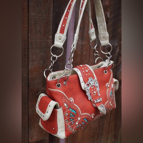 Orange and Turquoise Studded Accented Western Style Satchel Handbag - Picture 15 of 16